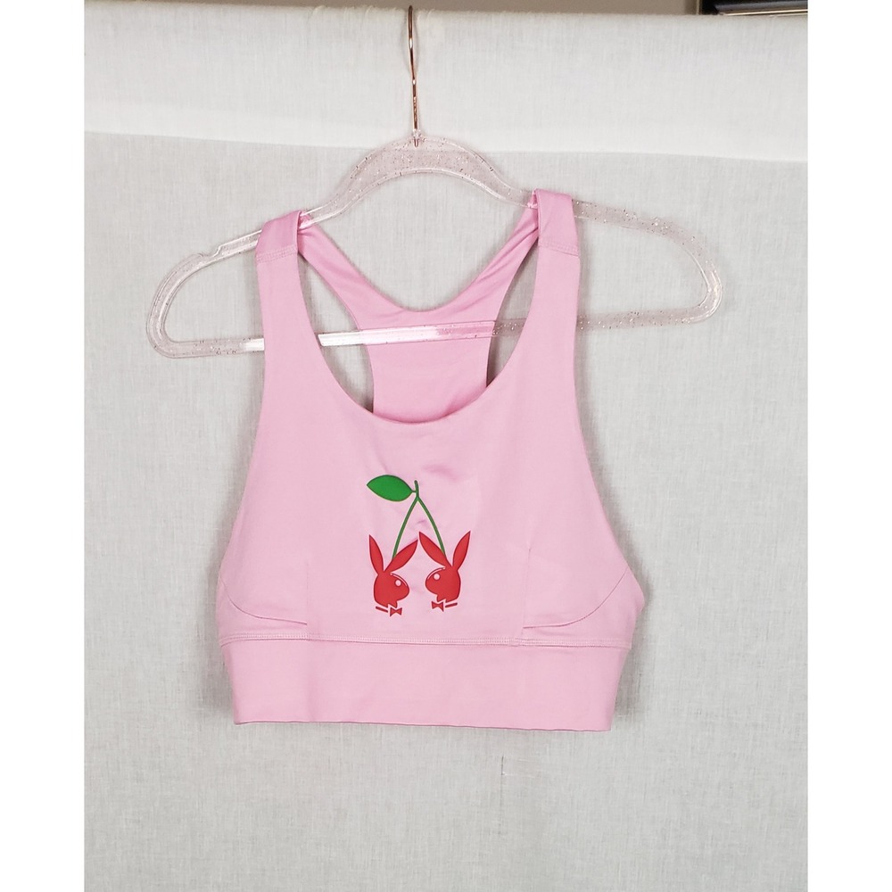 Playboy Pink Cherry Bunny Graphic Racerback Sports Bra M Retro Kawaii Y2K